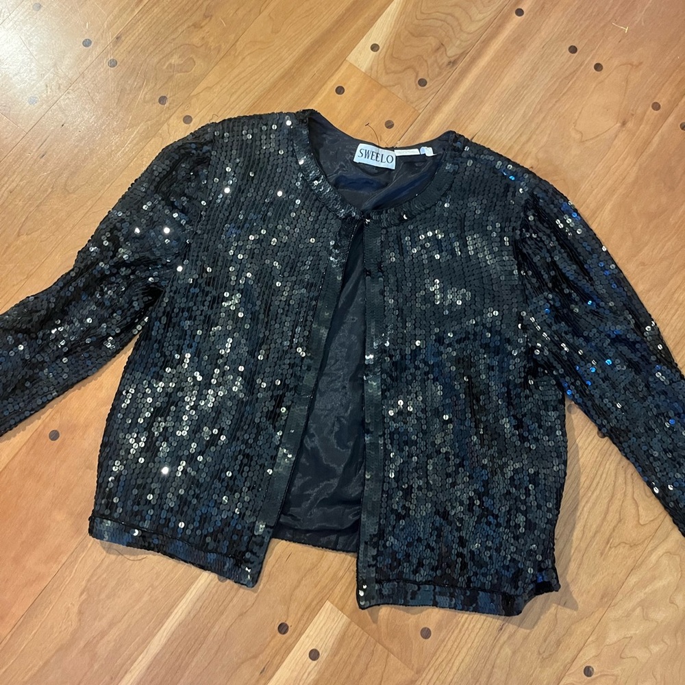 Elegant Black Sequin Blazer Open Front